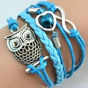 Multi Charm Leathet Bracelet Infinity‎ Symbol with Faux Pearl Heart and Owl